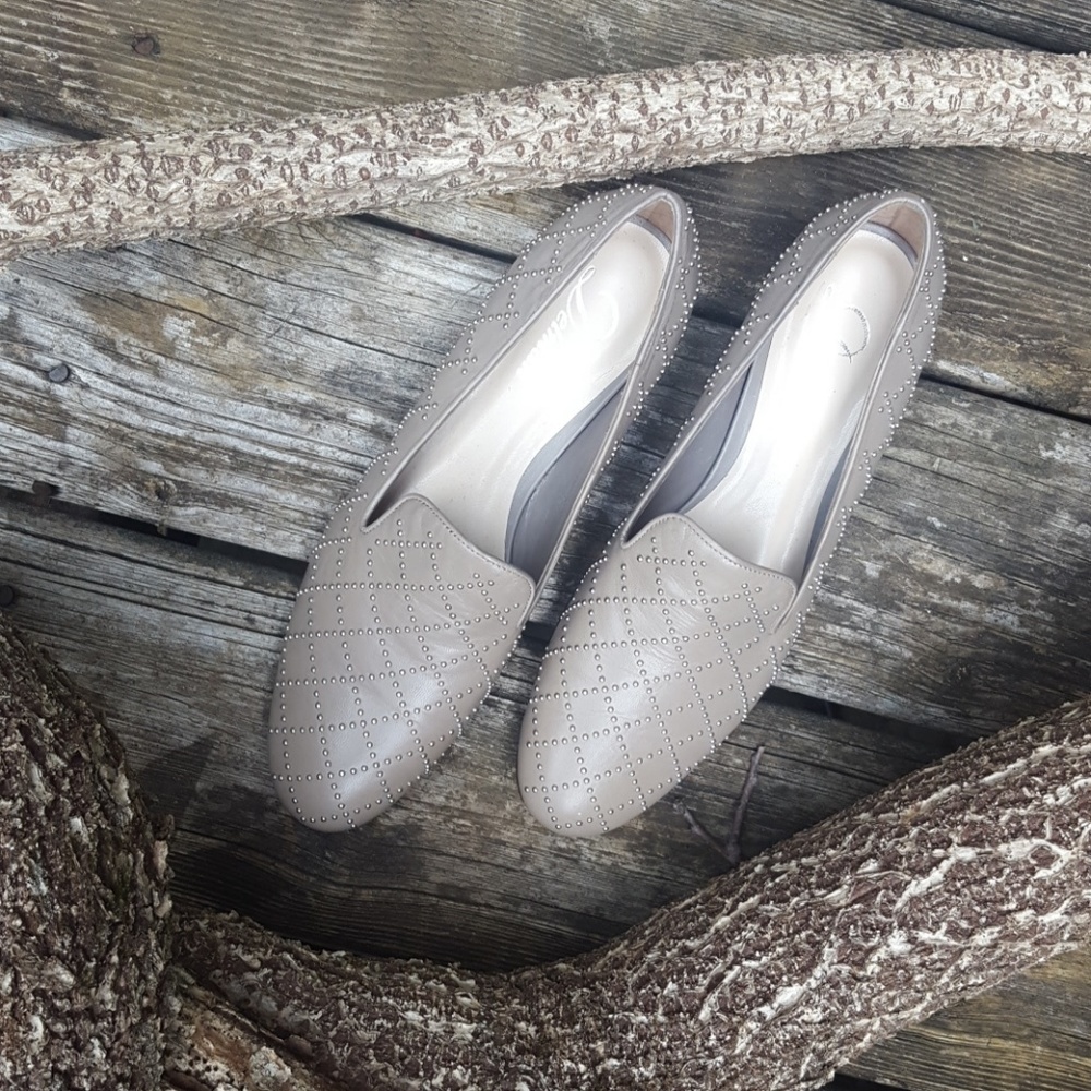 Delman Silver Studded Taupe Loafers, size 9